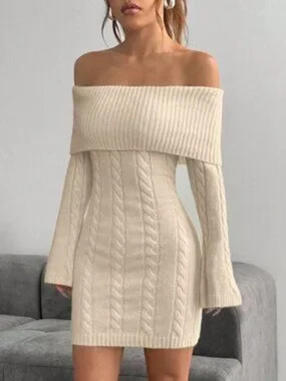 Apricot Elegant Women's Off Shoulder Long Sleeve Knitted Fitted Sweater Dress